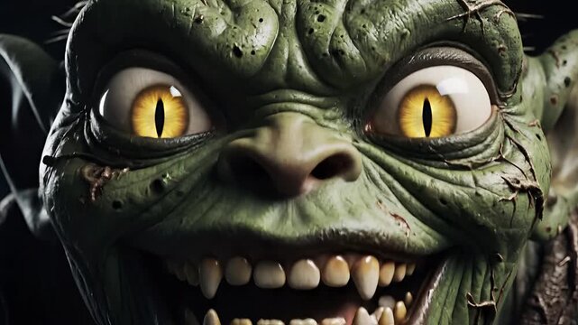 Closeup of a menacing green creature with glowing yellow eyes and sharp teeth.