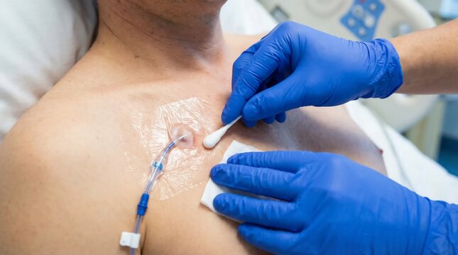 Medical professional changing IV dressing.