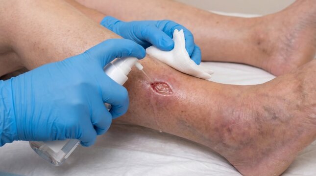Medical professional cleaning wound on skin.