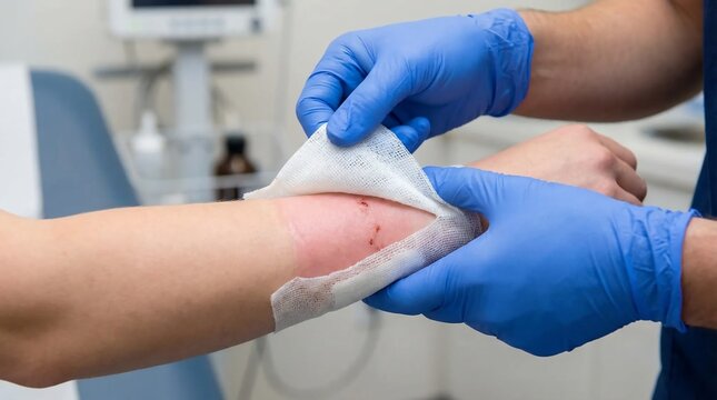 Medical professional cleaning wound on arm.