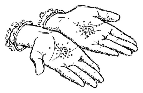 Outstretched hands with bangles holding seeds or grain in hand drawn sketch style