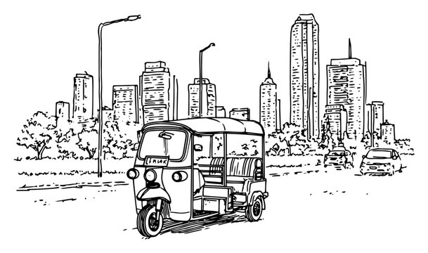 Auto rickshaw tuk tuk on city street with skyscrapers background in hand drawn sketch style