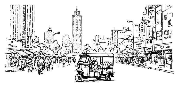 Busy city street with auto rickshaw and crowd of people in hand drawn sketch style