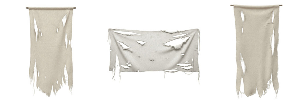 Worn Fabric Banner Texture PNG - Blank Hanging Sign Textile Old Rugged Surface Background Isolated on Transparent Background for Mockup