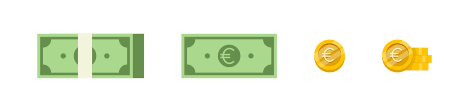 Euro Currency Banknote and Coin Icon Set, Collection of Euro currency illustrations in various forms, money signs, vector illustration, yellow Euro coin, Euro