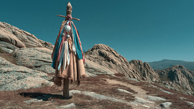 Sacred Mongolian shamanic totem decorated with colorful silk scarves (khadag) on a mountain pass under a June sky