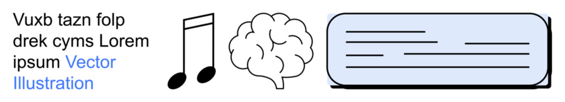 Creativity, learning, communication, neuroscience, education imagination. Musical notes a brain and a text block. Creativity and learning concept. Line metaphor. Simple line icons