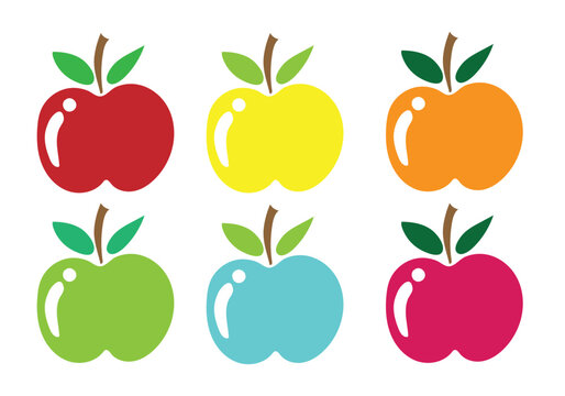 Simple apple seamless vector, 2D flat, isolated on a white background. Red and orange, green, blue and yellow apple sticker icon in flat style, Cute Hand-Drawn Fruit Character Collection, EPS format