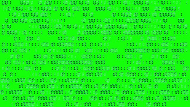 Fast changing binary digits on green screen, chroma key digital data background animation.