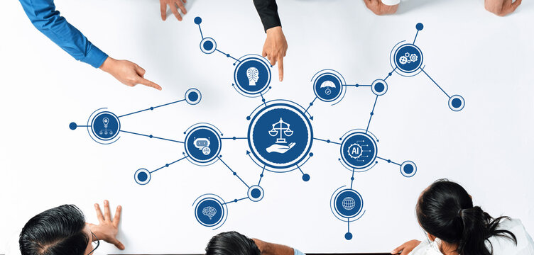 A top view of diverse individuals engaging in a meaningful discussion about ethical principles and technology, symbolized by a central balance icon, promoting collaboration. Amity