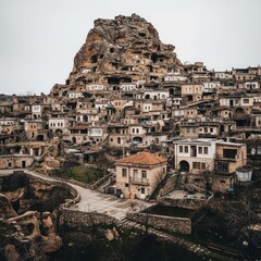 Obraz premium Ancient Cave Dwellings Carved into Rocky Hillside Village.