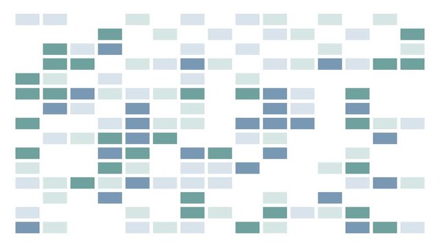 Retro game-like teal and steel blue multicolor blocks randomly appearing and disappearing on a white background, ideal for abstract animation, calm data visualization, and corporate design projects.