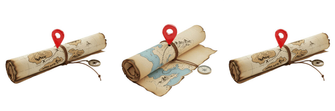 Old Vintage Treasure Map Roll PNG - Adventure History Exploration Scroll Paper Parchment Isolated on Transparent Background for Game Design UI