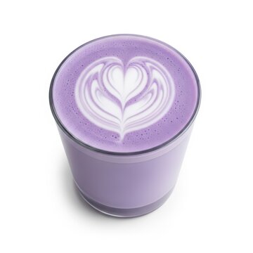 Purple taro latte with heart latte art, creamy ube milk tea in glass cup, lavender colored specialty coffee drink isolated on white background