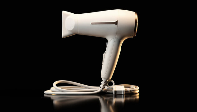 Modern white electric hair styler with coiled power cord, elegantly presented on a reflective dark surface against a stark black background, studio shot
