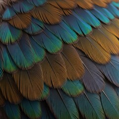 Fototapeta premium Close-up macro shot of iridescent parrot feathers showing intricate patterns and vibrant colors.