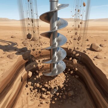 Close-up of a powerful auger drilling into dry, rocky soil.
