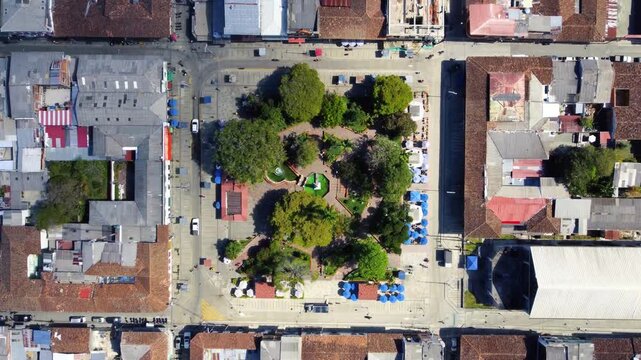 Aerial view of the main park in Circasia, Quind&iacute;o, Colombia. Drone footage