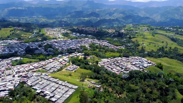 Aerial view of the municipality of Circasia, Quind&iacute;o, Colombia. Drone footage