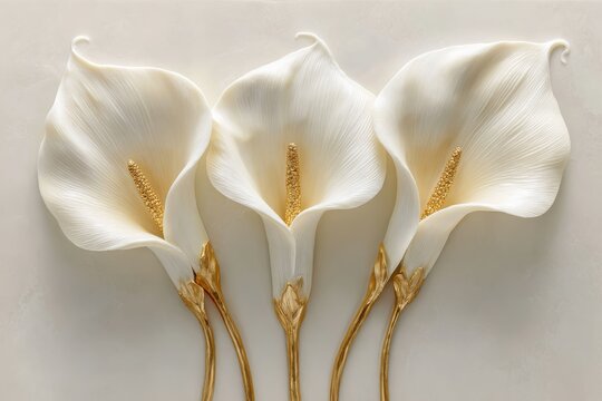 Symmetrical arrangement of calla lilies crafted from white silk and gold stems. Soft cream velvet background. Luxurious 3D sculptural relief