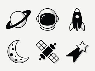 Space Exploration Icons Featuring Planet Astronaut Helmet Rocket Moon Satellite and Shooting Star. © Paylopi