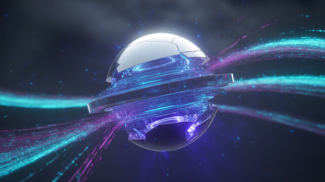 Futuristic spaceship with glowing blue trails in outer space, science fiction
