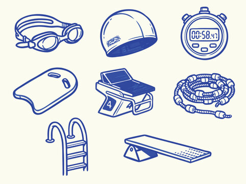 Swimming Equipment Line Art Goggles Cap Stopwatch Kickboard Starting Block Rope Ladder Diving Board.