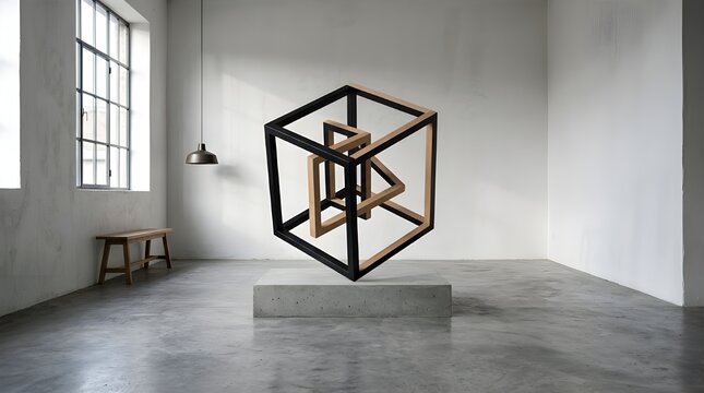 Large Impossible Cube Sculpture Made of Wood and Black Metal in Industrial Loft Gallery, Surreal Geometric Paradox Art Installation for Modern Interior Architecture and Creative Office Space