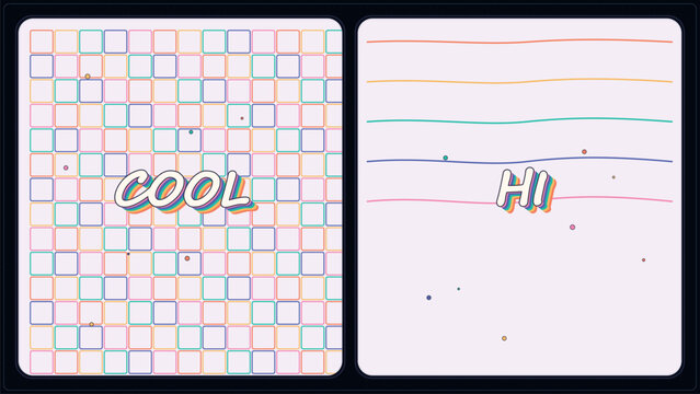 Retro aesthetic greeting cards with cool and hi text, pastel geometric grid and wavy line patterns, 2 vector card templates for social media
