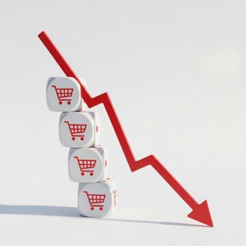 Falling Shopping Cart Icons on Dice Representing Decreasing Sales.
