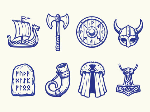 Viking Culture Elements Ship Axe Shield Helmet Runestone Horn Cape and Amulet.