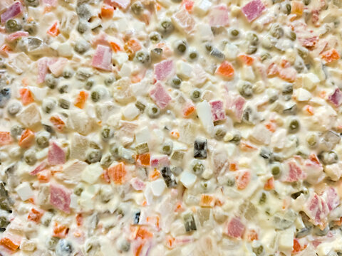 Russian Olivier mayonnaise salad close up