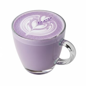 Purple taro latte with heart foam art in glass mug, lavender ube milk tea with floral latte art, colorful specialty coffee drink on white background