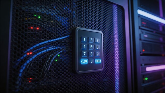 A secure server with a keypad and wires in a data center, emphasizing protection and safety in technology and computer systems.