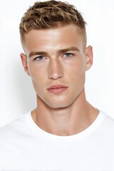 Naklejka premium Close up of man with smooth skin and minimal makeup. Beauty and skincare routine for healthy appearance