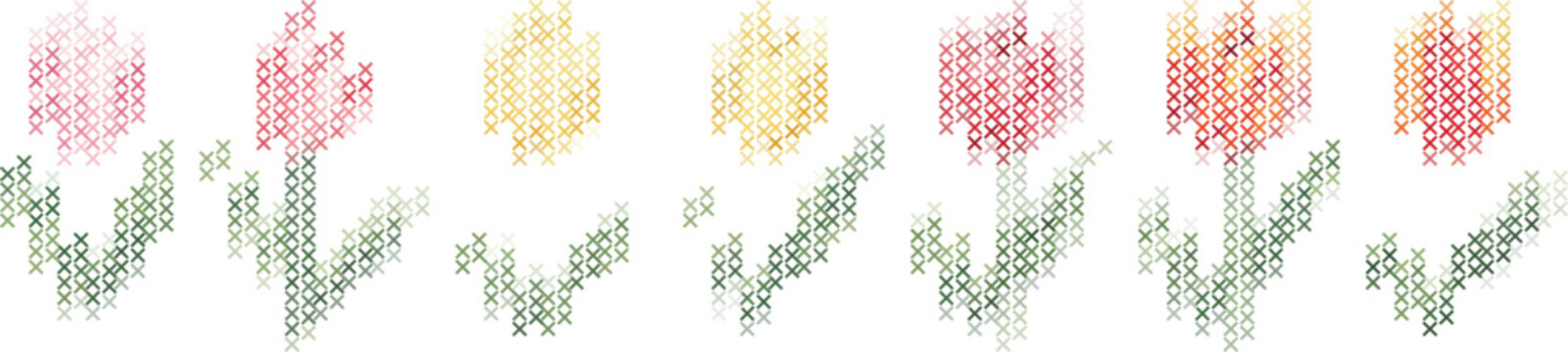 Cross stitch pattern of colorful tulips and leaves on white background for embroidery design and textile art