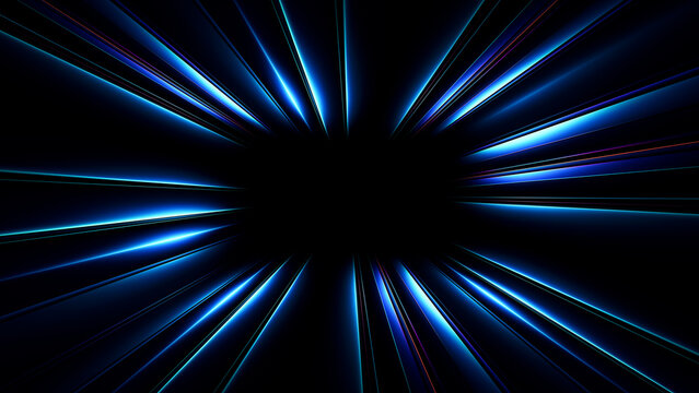 Deep blue light rays rushing toward dark center. Futuristic warp tunnel with glowing neon streaks. Radiant beams expanding from darkness. Modern tech banner for tech advertising and product showcase