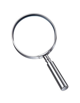 A professional detailed 3D rendered illustration of a sleek silver magnifying glass with a reflective chrome handle, ideal for search, discovery, and investigation concepts&nbsp;