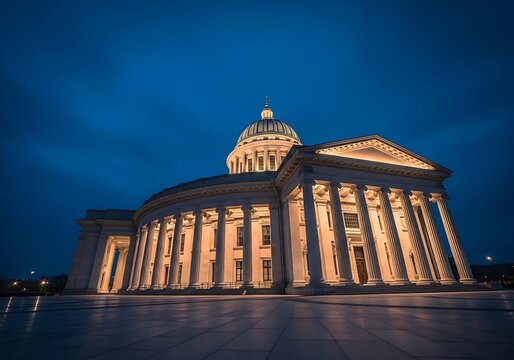 Beautiful white stone government building with columns and dome at night