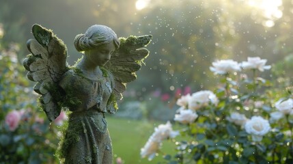 Fototapeta premium Serene garden angel statue covered in moss, standing amidst blooming white roses. Sunlight filters through, creating a warm, peaceful atmosphere. Ideal for themes like tranquility, nature