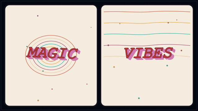 Retro magic vibes typography posters, vintage 70s aesthetic vector illustrations, colorful wavy lines and circles on cream background