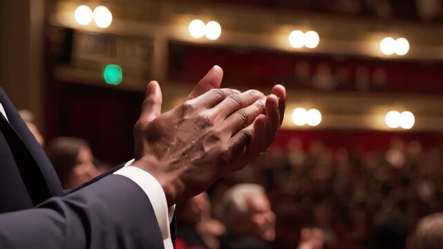 A man's hands clapping in a theater audience. Close-up of applause during a performance in slow motion. Celebration and appreciation concept