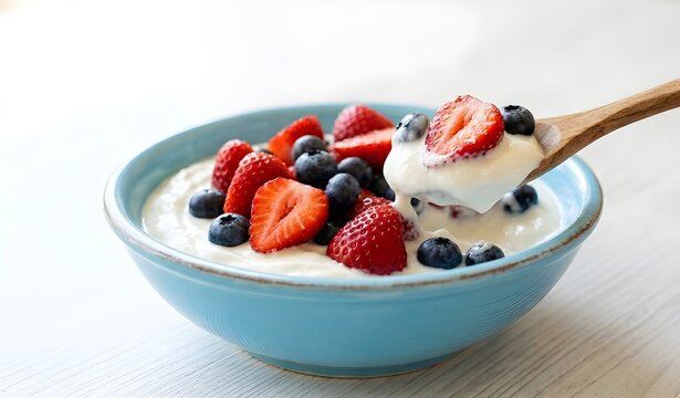 Greek Yogurt topped with fresh Strawberries and Blueberries in Blue Bowl Side View, Natural Light, Clean White Background, Healthy Breakfast Food Photography