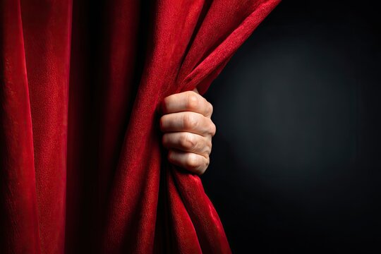 Light-skinned hand grasping and drawing back a rich red velvet curtain, dark space revealed