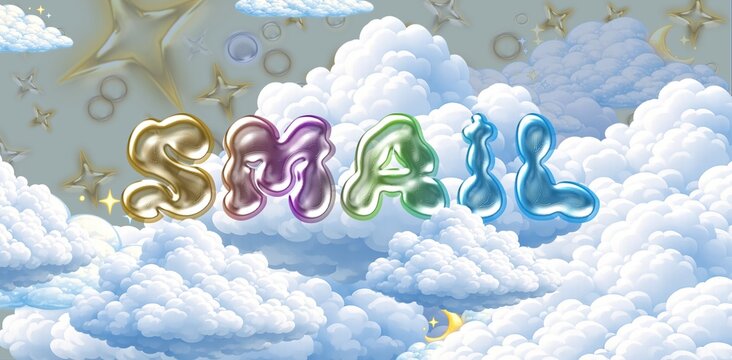 Smail name. Colorful 3D Cloud Fantasy Background with Glossy Balloon Letters. Dreamy Sky, Stars and Soft Clouds Illustration.