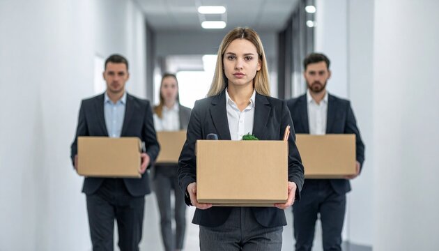 A group of recently fired employees carrying cardboard boxes, a visual metaphor for job loss, economic instability and uncertainty.