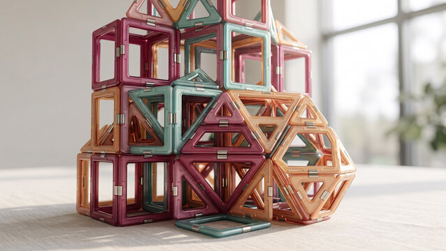 Geometric magnetic building blocks for kids, colorful construction toy, 16:9.