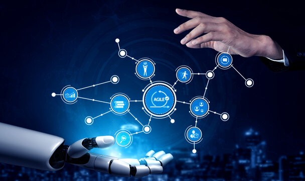 A visual representation of interaction between a human hand and a robotic hand, featuring digital icons that symbolize technology, innovation, and agile methodologies. Tessel