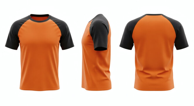 Blank raglan t-shirt mockup in striking orange and black color combination offering versatile design template for apparel brands and designers to showcase their custom creations&nbsp;
