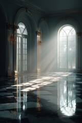 Fototapeta premium Luxurious neoclassical hallway with arched windows and golden light